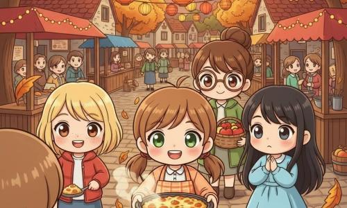 Quatre filles servent un gratin d'automne au festival des lanternes sur une place pavée au crépuscule : Camille (~11 ans), cheveux châtain clair en deux petites couettes, yeux verts, au centre en avant tenant le plat et souriante ; Léa (~10 ans), cheveux blonds courts et taches de rousseur, veste rouge, à gauche, sert une portion à un adulte hors champ avec une pelle de service ; Sarah (~11 ans), cheveux noirs longs et lisses, robe bleu ciel, à droite, regarde les lanternes les mains jointes ; Nora (~12 ans), cheveux bruns en chignon et lunettes rondes, veste verte, juste derrière Camille, tient un panier de pommes. La rue étroite est bordée de stands en bois décorés de guirlandes et lanternes papier rouges et jaunes, des arbres aux feuilles orange et dorées tourbillonnent, une file de villageois souriants et une lumière chaude créent une ambiance conviviale aux couleurs automnales.