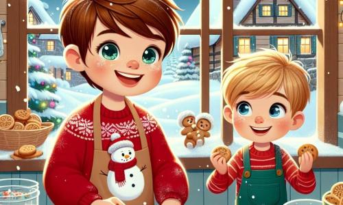 Dans un village enneigé, Tim, un garçon de 8 ans aux cheveux châtains, prépare des biscuits dans sa cuisine. Il porte un pull rouge avec un bonhomme de neige et rit de la farine sur son visage. À ses côtés, son ami Lucas, 7 ans, aux cheveux blonds, observe avec émerveillement, tenant une spatule en bois. La cuisine est chaleureuse, avec des murs en bois, une grande fenêtre laissant entrer la lumière hivernale et une table couverte de farine et d'ingrédients colorés. Des guirlandes de Noël scintillent et un sapin décoré ajoute une touche festive. Tim et Lucas partagent des biscuits dorés, souriants, entourés de flocons de neige tombant doucement. L'atmosphère est joyeuse et magique, illustrant l'amitié et la joie des moments partagés.