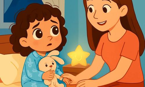 Une petite fille de 4 ans, aux grands yeux brillants et cheveux bouclés, est assise sur son lit en pyjama à motifs de lapins, tenant son doudou lapin. Elle affiche une expression curieuse et craintive. À côté, sa maman, une femme douce d'une trentaine d'années, sourit en s'asseyant sur le bord du lit, sa main sur celle de sa fille pour la rassurer. La chambre est chaleureuse avec des murs bleu pastel, des rideaux légers, et une veilleuse en forme d'étoile qui projette une lumière douce. Des jouets sont éparpillés au sol et un livre d'histoires est ouvert sur le lit. La petite fille écoute sa maman parler du noir, explorant les ombres dans la chambre.