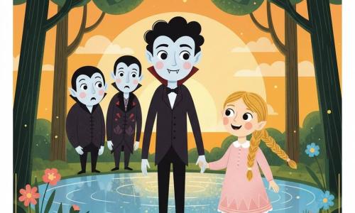 Victor, petit vampire au sourire doux, peau pâle, cheveux noirs bouclés et deux petites dents pointues, tient la main de son amie Clara et se tient droit en proclamant son amitié; Clara, fille d’environ 7 ans aux tresses blondes et robe rose pâle, rit et l’encourage, debout au bord d’un lac scintillant. Trois vampires secondaires, silhouettes un peu plus grandes et curieuses, forment un demi-cercle en retrait. La clairière montre un petit lac miroir aux eaux bleues irisées, herbe courte, grands arbres stylisés aux troncs vert foncé, fleurs roses et bleues lumineuses et lucioles jaunes; ambiance douce de coucher de soleil orangé, atmosphère joyeuse et accueillante. Style graphique: formes simples et géométriques, couleurs plates et contrastées, lignes nettes et motifs art déco, visages expressifs et innocents.
