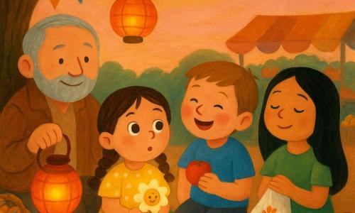 Quatre personnages sous un grand arbre au marché au coucher : Lila, 4 ans, cheveux bruns en petites nattes, robe jaune à pois blancs, assise au centre sur une couverture verte, tient une petite fleur lumineuse sur l'épaule et regarde la lanterne ; Tom, 5 ans, cheveux châtain clair, t-shirt bleu, à droite de Lila, rougit en riant en tendant une pomme ; Aïcha, 5 ans, cheveux longs noirs, robe verte, assise près de Lila, yeux fermés vers le ciel en écoutant le vent, tient une serviette brodée ; le grand-père, homme âgé aux cheveux gris et barbe courte, veste marron, assis derrière les enfants à gauche, sourit et tient une lanterne rouge chaleureuse. Ils sont entourés de paniers de fruits, de tapis colorés et d'étals flous, quelques lanternes et guirlandes suspendues, et jouent ensemble au 