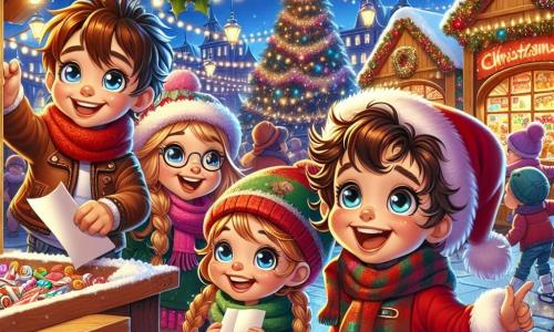 Dans un marché de Noël animé, quatre enfants joyeux se tiennent ensemble. Léo, 8 ans, tient une lettre froissée. Mia, 7 ans, montre un grand sapin décoré. Ben, 9 ans, admire un stand de bonbons colorés. Zoé, 6 ans, saute de joie avec un petit sac de cadeaux. Le marché est illuminé de guirlandes scintillantes, avec des stands en bois décorés. Des enfants patinent à proximité, tandis que l’odeur des châtaignes grillées flotte dans l’air. Ils viennent de glisser une lettre au Père Noël, espérant apporter magie et bonheur.