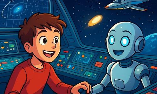 Un jeune homme nommé Émile, aux cheveux châtains et aux yeux curieux, se tient devant un grand écran dans le cockpit d'un vaisseau spatial. Son visage est éclairé par la lumière des étoiles et il sourit d'émerveillement. À ses côtés, un assistant robotique nommé Lumen, humanoïde et argenté, observe avec excitation. Le cockpit est rempli de consoles futuristes aux couleurs vives et d'écrans affichant des cartes stellaires. À l'extérieur, l'espace est parsemé d'étoiles et d'une planète bleue. Émile et Lumen manœuvrent le vaisseau Pégase pour intercepter un mystérieux objet flottant, Émile ajustant les commandes tandis que Lumen analyse les données.