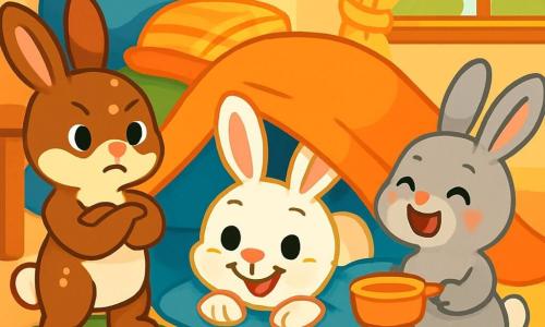 Petit Lapin, un lapin aux grandes oreilles et à la fourrure blanche, est caché sous un coussin avec un sourire espiègle. Sa sœur, Lapinette, une lapine grise aux joues roses, rit en tenant une casserole en plastique pour sa soupe imaginaire, à ses côtés. Lapinou, leur frère brun tacheté de blanc, fait semblant d'être le chef, les bras croisés. La scène se déroule dans un salon chaleureux avec des coussins colorés et une table basse en bois, baignée de lumière. Les trois lapins s'amusent dans leur cabane, riant et partageant des câlins tout en imaginant des aventures.