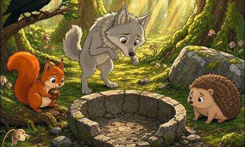 Lumi, un jeune loup gris argent aux yeux dorés, Plume le merle noir au bec orange, Frimousse l’écureuil roux tenant une noisette et Dodo le petit hérisson brun observent, inquiets mais pleins d’espoir, un bassin de source en pierre vide et fissuré au centre d’une clairière enchantée tapissée de mousse et de fleurs fanées, entourée de troncs moussus et baignée de larges rayons de soleil ; couleurs douces, contrastes chaleureux, traits nets et contours arrondis, ambiance magique accessible aux tout-petits.