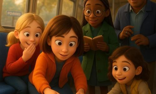 Dans l'intérieur d'un bus urbain en fin d'après-midi baigné d'une lumière dorée, quatre petites détectives — Zoé, ~10 ans, cheveux châtain coupés au carré, veste orange, agenouillée au centre en train de tirer doucement une petite boîte bleu brillant coincée sous le siège du milieu ; Inès, ~10 ans, cheveux noirs tressés, lunettes rondes, manteau vert, debout derrière Zoé avec un carnet ouvert ; Nora, ~10 ans, cheveux blonds en couettes, pull rouge, à gauche, main sur la bouche en sourire retenu ; Lila, ~8 ans, petite, cheveux bruns ondulés, gilet jaune, accroupie à droite pointant un ticket froissé au sol — sont réunies autour de la boîte à souhaits bleue tandis que le chauffeur Karim, quarantaine, peau brune, moustache en brosse, veste bleu marine, debout près de l'allée arrière, tient une boîte de chewing-gums et sourit légèrement; les sièges en tissu bleu, les barres métalliques, des affiches colorées sur les parois et l'arrêt Pommier visible à la fenêtre complètent une scène chaleureuse, complice et légèrement mystérieuse centrée sur la boîte et les visages éclairés.