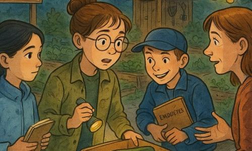 Trois enfants dans un potager partagé au crépuscule : Zoé (~11 ans) au centre, châtain en chignon, lunettes, veste kaki, tient une petite lampe torche jaune et une boîte ouverte contenant trois courgettes, penchée vers madame Lenoir; Inès (~12 ans) à gauche, cheveux noirs en queue de cheval, manteau bleu clair, carnet de notes ouvert, observatrice; Malo (~12 ans) à droite, casquette, carnet d’enquêtes sous le bras, sourire malicieux, prenant une tomate sur une table comme preuve. Les enfants rendent les courgettes à madame Lenoir et avouent la vérité, scène de réconciliation au soir avec lumière douce, ombres longues, gouttes sur les feuilles et textures de textile et bois, composition centrée sur la boîte de courgettes et les visages expressifs, style encre colorée à traits fins et lavis lumineux; éléments du lieu : allées de gravier clair, carrés de bois, panneau « Mini-Jardiniers », composteur, petite cabane, guirlande de bocaux et arrosoirs colorés.