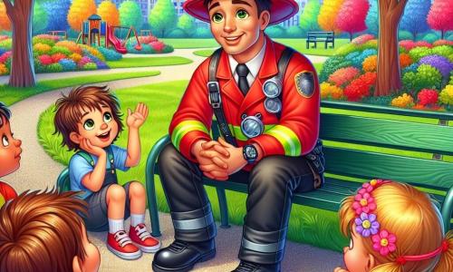 Baptiste, un pompier souriant d'environ 30 ans, porte une chemise rouge et un casque brillant. Assis sur un banc dans un parc, il est entouré d'enfants, dont Léo, 8 ans, qui l'écoute avec admiration, et Clara, 7 ans, impatiente de poser une question. Le parc est verdoyant, avec de grands arbres, des fleurs colorées et un chemin en gravier. Baptiste raconte une histoire captivante sur son métier, tandis que les enfants l'écoutent avec curiosité et excitation.