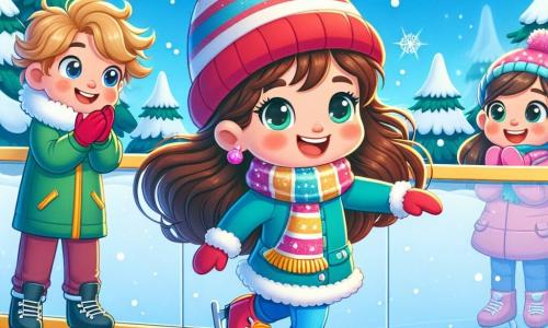 Maya, une petite fille de 5 ans aux longs cheveux bruns et joues roses, glisse joyeusement sur une patinoire. Elle porte un bonnet rouge, une écharpe colorée et une combinaison de ski bleue, affichant une grande joie en riant. À ses côtés, Léo, un garçon de 6 ans aux cheveux blonds en bataille, l'encourage en levant les bras, vêtu d'un manteau vert et de gants jaunes. En arrière-plan, Chloé, une fille de 5 ans aux cheveux châtains, applaudit, vêtue d'une combinaison de ski rose. La patinoire en plein air est entourée de sapins enneigés et décorée de guirlandes lumineuses, sous un ciel bleu avec quelques nuages. Maya s'amuse sur la glace avec ses amis, découvrant les joies de l'hiver.