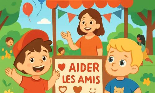 Il y a deux personnages principaux : Tom, un garçon de 3 ans avec une casquette rouge, des cheveux bruns en bataille et un grand sourire, debout à gauche, levant les bras, et Hugo, un garçon de 3 ans en t-shirt bleu avec un ours, des cheveux blonds et des yeux pétillants, à droite de Tom, les mains sur les hanches avec une expression curieuse. L'action se déroule dans un parc ensoleillé avec des fleurs colorées, des arbres verdoyants et des ballons dans le ciel bleu. Un stand décoré de guirlandes multicolores affiche 
