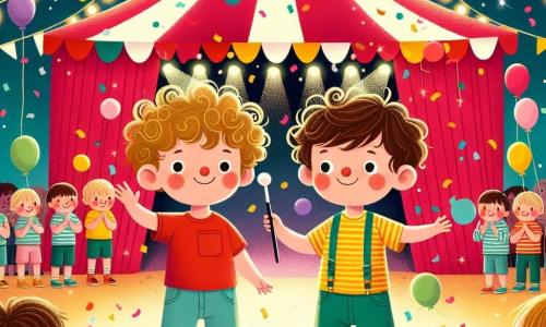 Deux garçons de trois ans, Léo aux cheveux bruns et Max aux cheveux blonds, se tiennent au centre d'un chapiteau de cirque décoré de rayures rouges et blanches. Léo porte un t-shirt rouge et un pantalon bleu, tandis que Max est vêtu d'un t-shirt jaune et d'un short vert. Ils sont entourés de confettis colorés et semblent joyeux. En arrière-plan, des spectateurs applaudissent et des ballons flottent. Léo réalise un numéro de magie avec une baguette, tandis que Max jongle avec des balles multicolores, captivant l'attention du public.