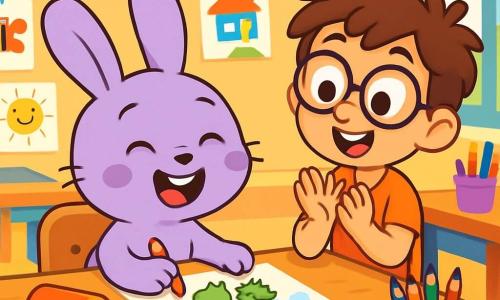 Gaufrette, un petit lapin aux longues oreilles soyeuses et à la peau lavande, est assis à une table de classe, souriant joyeusement en dessinant un dragon sur une feuille. À côté de lui, Petit Hugo, un garçon aux cheveux bruns en bataille et lunettes rondes, l'observe avec admiration, applaudissant d'enthousiasme. La salle de classe est lumineuse, décorée de dessins colorés et de guirlandes, avec des pots de crayons sur les tables et une grande fenêtre laissant entrer la lumière. Gaufrette, concentré, renverse un pot de crayons qui roulent au sol, créant un petit désordre amusant, tandis qu'il sourit en voyant une tache d’encre sur sa feuille, imaginant un dragon dans un nuage.