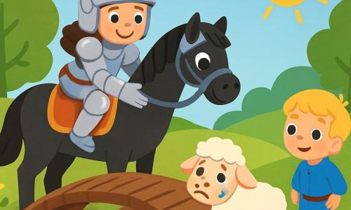 Une chevaleresse souriante, en armure étincelante et casque brillant, se tient sur un grand cheval noir. Ses yeux reflètent détermination et douceur alors qu'elle tend la main vers un petit mouton blanc, qui pleure près d'un vieux pont en bois. Un jeune garçon d'environ 8 ans, aux cheveux blonds et yeux curieux, observe la scène depuis la berge, prêt à aider. Le pré est verdoyant, parsemé de fleurs colorées, sous un ciel bleu clair et un soleil doré. La chevaleresse s'approche du mouton pour le sauver, tandis que son cheval, calme et majestueux, l'accompagne dans cette aventure.