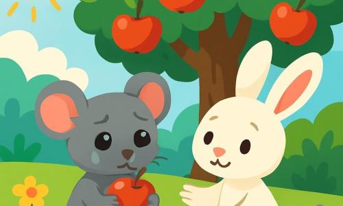 Lila, une petite souris grise aux grands yeux brillants, se tient sous un pommier, triste, tenant une pomme rouge qu'elle vient de croquer, une larme sur sa joue. À côté d'elle, Noé, un lapin blanc aux grandes oreilles, la regarde avec compassion, prêt à l'encourager. Dans un jardin ensoleillé rempli de fleurs colorées, Lila réalise son erreur d'avoir mangé toute la pomme, tandis que Noé lui propose d'en cueillir une nouvelle à partager, illustrant la beauté de l'amitié et la possibilité de réparer ses erreurs.