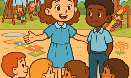 Emma, une petite fille de 10 ans aux cheveux châtains bouclés et aux yeux pétillants, sourit dans une cour de récréation où elle porte un uniforme scolaire bleu clair. À ses côtés, Malik, un garçon de 10 ans à la peau foncée et aux cheveux crépus, la regarde avec un sourire timide. La cour est animée, avec des enfants jouant et des arbres offrant de l'ombre. Emma prend la parole devant un groupe d'élèves, les bras ouverts, pour exprimer son soutien à Malik et promouvoir l'amitié et la tolérance. Les enfants autour d'eux écoutent attentivement, certains souriant, d'autres réfléchissant.