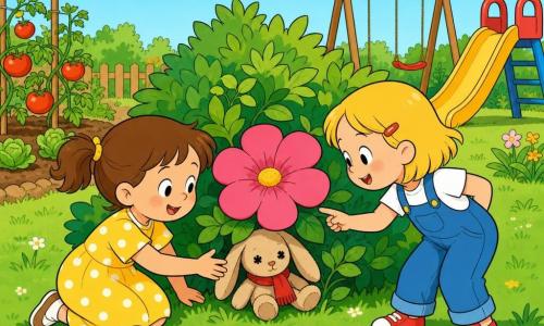 Trois personnages : Lili, ~4 ans, cheveux bruns en couettes, robe jaune à pois blancs, agenouillée à gauche, tend la main vers le doudou en souriant ; Zoé, ~4 ans, cheveux blonds courts, salopette bleue et baskets rouges, à droite, penchée et pointant vers un buisson ; un doudou lapin beige aux yeux cousus noirs et écharpe rouge, à moitié caché sous une grosse fleur rose entre elles. Lieu : jardin lumineux à pelouse verte, grand buisson central, potager avec tomates, balançoire et toboggan stylisés en arrière‑plan, ciel bleu avec un oiseau. Situation : deux petites enquêtrices découvrent joyeusement le doudou sous la fleur ; composition simple, couleurs vives, traits nets et ambiance tendre.