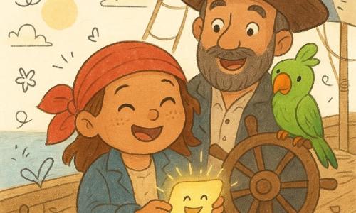 Mila, une jeune pirate joyeuse au visage rond et taches de rousseur, porte un foulard rouge et une veste bleue usée; elle tient une petite carte lumineuse et rieuse tandis qu'elle ouvre une bouteille sur le pont d'un vieux navire en bois aux cordages pendants et grande voile rayée, le capitaine Barbe-Poireau, homme d'environ 45 ans à la barbe poivre et sel et chapeau cabossé, sourit derrière elle près du gouvernail, un perroquet vert aux plumes éclatantes est sur son épaule droite, la mer est calme aux reflets argentés sous un ciel pastel et l'ambiance est chaleureuse et aventurière.