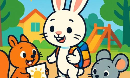 Petit Lapin, un adorable lapin aux grandes oreilles et au pelage blanc, sourit joyeusement au centre de l'image, portant un petit cartable coloré. À sa droite, Souricette, une petite souris grise, dessine avec enthousiasme, crayon à la patte. À gauche, Écureuil, un écureuil roux à la queue touffue, montre fièrement son dessin à Petit Lapin. Le décor est une cour d'école ensoleillée, entourée d'arbres et de fleurs, avec des jeux en bois en arrière-plan. La scène illustre la joie et l'excitation de la rentrée des classes.