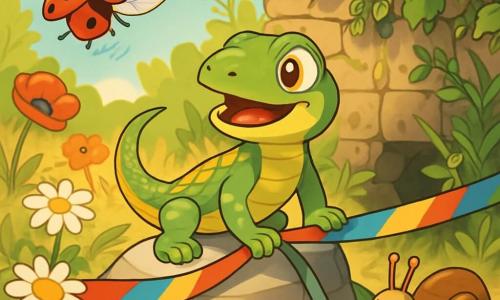 Auro, un jeune lézard aux écailles vertes et dorées, se tient sur un caillou, curieux et excité. À ses côtés, Pétale, une coccinelle rouge, vole joyeusement, tandis que Spirale, un escargot, avance lentement sur une feuille. Le décor est une friche en fleurs avec des coquelicots et des marguerites, le sol parsemé de pierres et d'herbe dorée. Auro, Pétale et Spirale sont déterminés à retirer un ruban coloré bloquant un passage secret, symbolisant leur courage et leur esprit d'aventure pour découvrir les trésors cachés.