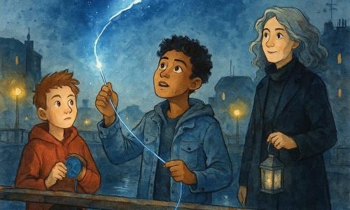Quatre personnages sur un vieux pont urbain la nuit : Malik, ~12 ans, peau hâlée, veste en jean usée, cheveux courts bouclés, au centre près du parapet, tient dans la main droite une aiguille faite de lumière et regarde le ciel en cousant une déchirure lumineuse ; Jonas, ~12 ans, cheveux en brosse, sweat à capuche rouge, à gauche et un peu plus bas sur le parapet, tient une bobine de fil bleu scintillant et la tend pour stabiliser la couture ; Madame Lanterne, femme d’une cinquantaine d’années, manteau noir long, cheveux gris en nuage, regard vert émeraude, légèrement en retrait à droite près d’une cabine technique, tient une petite lanterne éteinte et veille d’une posture protectrice ; une petite ombre non humaine, fluide et sombre avec reflets bleu pâle, taille d’un chat, se colle au parapet devant Malik et projette une silhouette sur l’eau pour aider à stabiliser le vent. Le pont, en métal rouillé couvert de graffiti et de cadenas, a une rambarde froide en fer et surplombe une rivière noire qui reflète la lune ; en arrière-plan on distingue antennes et toits, et des lampadaires jaunes projettent des halos. Action : les deux garçons cousent une déchirure dans le ciel avec un fil bleu profond scintillant, l’aiguille de Malik perce l’air comme une petite flamme solide ; l’atmosphère mêle tension douce et émerveillement, dominée par des bleus profonds, gris urbains et touches chaudes de jaune.
