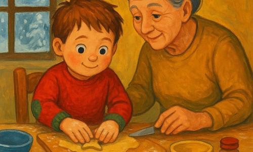 Garçon de 4 ans aux joues rosées et cheveux châtains en bataille, yeux concentrés et sourire timide, en pull rouge à coudières vertes, mains farinées pressant une étoile en pâte sur une planche en bois, aidé par sa grand-mère d'environ 70 ans aux cheveux gris en chignon et au regard doux, une main sur la sienne et l'autre tenant un petit couteau à pâte ; cuisine chaleureuse avec table en bois couverte de farine, rouleau à pâtisserie, bols bleus et jaunes, plateau de biscuits dorés, fenêtre givrée et guirlande, pâte étalée et formes découpées, quelques biscuits au four, lumière jaune douce, touches de sucre glace, rendu en gouache aux traits épais et lavis doux.