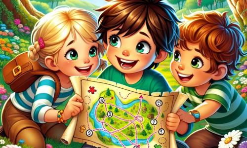 Lucas, 10 ans, aux cheveux châtains et aux yeux curieux, est assis sur l'herbe, souriant. Il tient une carte au trésor colorée. À ses côtés, sa cousine Julie, 9 ans, avec des cheveux blonds tressés, regarde la carte avec enthousiasme. Maxime, son cousin de 8 ans, aux cheveux bruns en bataille, pointe un arbre imposant, semblant avoir trouvé un indice. Ils se trouvent dans une clairière ensoleillée près d'un lac, entourée d'arbres et de fleurs sauvages. Les enfants, en pleine chasse au trésor, rient et s'apprêtent à creuser autour d'une croix gravée dans un arbre ancien.