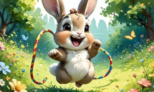 Dans une prairie verdoyante, un lapin nommé Pistache rit aux éclats et danse sur un tapis de fleurs colorées. À ses côtés, Cordy, une corde à sauter animée, s'agite joyeusement, tandis qu'un hibou nommé Professeur Hibou-Savant observe avec émerveillement. Le décor est une prairie enchantée, avec des carottes géantes et des marguerites dansantes, sous un ciel bleu orné de nuages en forme de barbe à papa, où des feux d'artifice en forme de carottes illuminent le ciel. La scène montre Pistache et ses amis en pleine fête pyjama, entourés de créatures de la forêt dansant, créant une atmosphère magique et joyeuse.