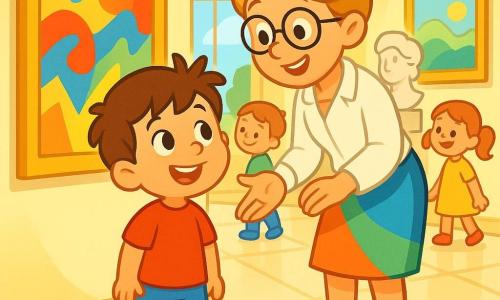 Un petit garçon de 4 ans, Tom, avec des cheveux bruns en bataille et des yeux curieux, se tient au centre de l'image. Il porte un t-shirt rouge et un short bleu, souriant en regardant une peinture colorée. À ses côtés, sa maîtresse, Madame Lise, une femme d'environ 30 ans avec des cheveux blonds en chignon et des lunettes rondes, sourit en expliquant l'œuvre. Elle est vêtue d'une blouse blanche et d'une jupe colorée, légèrement penchée vers Tom. Le musée est lumineux, avec de grandes fenêtres et des murs ornés de tableaux et sculptures. D'autres enfants admirent les œuvres, créant une atmosphère d'exploration.