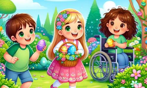 Dans un jardin verdoyant, Léo, 7 ans, tient un panier d'œufs colorés. À sa droite, Mia, 6 ans, montre un œuf bleu qu'elle a trouvé. À gauche, Tom, 8 ans, ramasse un œuf jaune. Zoé, 7 ans, sourit en tenant un œuf violet. Le jardin est rempli de fleurs et d'arbres sous un ciel bleu. Les enfants s'amusent à chercher des œufs de Pâques, riant et s'encourageant.