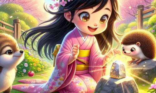 Aiko, une fille de 10 ans, se tient au centre de l'image, avec de longs cheveux noirs et des yeux curieux. Elle porte un kimono rose avec des motifs de fleurs de cerisier et exprime une joie éclatante en découvrant une pierre brillante sur un rocher dans un jardin secret. À sa droite, un petit oiseau coloré s'envole joyeusement après avoir été libéré d'un buisson. À sa gauche, un vieux hérisson se régale de cerises qu'Aiko lui a apportées, souriant de gratitude. Le jardin est enchanteur, avec des cerisiers en fleurs et des rayons de soleil illuminant le sol verdoyant. Aiko, émerveillée, touche la pierre magique brillante, entourée de ses amis animaux, symbolisant l'harmonie entre la nature et la gentillesse.