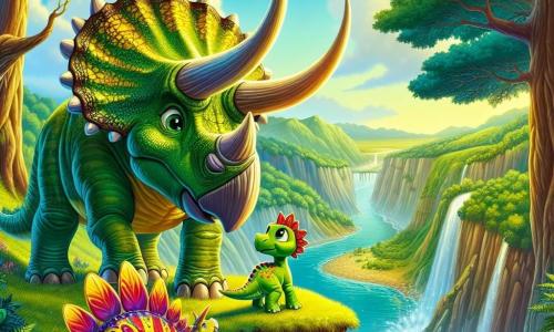Un tricératops nommé Trixie, robuste et avec de majestueuses cornes, se tient au bord d'un ravin, affichant détermination et amitié. Sa peau verte est ornée de motifs jaunes et ses grands yeux pétillent de curiosité. À ses côtés, Spike, un petit stégosaure aux plaques dorsales colorées et aux yeux pleins d'espoir, admire son ami depuis le bas du ravin, prêt à le suivre. La scène se déroule dans une vallée verdoyante, illuminée par une lumière dorée, avec des fougères luxuriantes et de grands arbres. Au loin, une rivière scintillante ajoute une touche de magie. Trixie et Spike se préparent à descendre prudemment le ravin pour retrouver la maman de Spike, un moment de courage et d'amitié illustrant leur aventure.