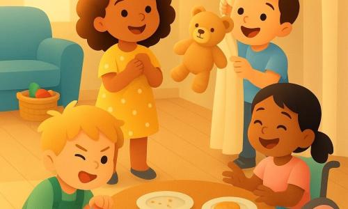 Quatre enfants d'environ 4 ans dans une cuisine-salon lumineuse : Lina, fille aux cheveux châtains bouclés, robe jaune à pois, tient le doudou beige Biscotte contre sa poitrine, visage soulagé et souriant ; Tom, garçon aux cheveux bruns courts, t-shirt bleu clair, se tient à droite derrière un rideau en tenant Biscotte accroché au tissu, air fier ; Maël, garçon blond en bataille en salopette verte, accroupi à gauche, tient une chaussette rayée en faisant une grimace comique ; Zoé, fille aux cheveux noirs en couettes en petite chaise roulante pastel, est à droite à l'avant-plan, tapotant la table en riant. La pièce a un sol en bois clair, une grande table ronde avec assiettes et biscuits, un panier à jouets près d'un canapé bleu et une lumière douce de fin d'après-midi ; la scène montre la joie de la retrouvaille du doudou, gestes et expressions exagérés, couleurs chaudes et textures douces (miettes de gâteau, taches de compote).