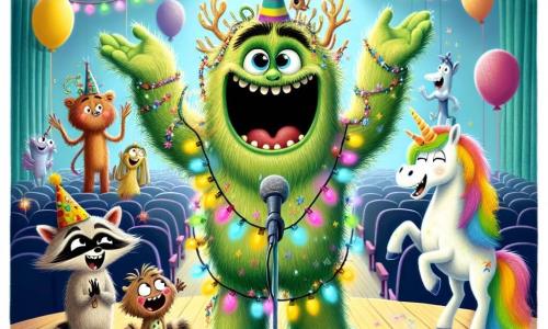 Au centre de l'image, Gustave, un monstre poilu et vert avec de grandes oreilles en chou-fleur, sourit joyeusement en racontant une blague, captivant son public. À sa droite, Léonie, une licorne aux crins arc-en-ciel, applaudit avec enthousiasme. À sa gauche, Rico, un raton laveur espiègle, rit aux éclats. Le décor se situe dans le Grand Théâtre de Rigolagogo, rempli de ballons multicolores et de guirlandes scintillantes. Gustave, entouré de ses amis, crée une atmosphère de joie et de camaraderie sur scène.