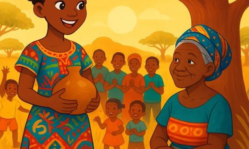 Awa, une jeune femme au teint doré et aux yeux doux, sourit rayonnante. Elle porte une robe colorée en tissu africain et tient une calebasse pleine de promesses. À ses côtés, Néné Fanta, une femme âgée aux cheveux argentés, est assise sous un grand baobab, regardant Awa avec fierté. Le décor est une savane dorée, baignée par la lumière du soleil couchant, avec un vieux baobab majestueux et des herbes dansantes. Awa annonce une bonne nouvelle aux villageois rassemblés, leurs visages illuminés par l'excitation, tandis que les enfants jouent en arrière-plan et les adultes écoutent attentivement, remplis d'espoir et de joie.