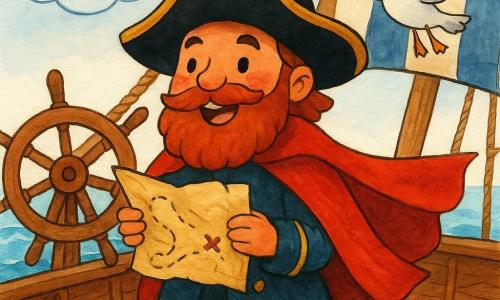 Le capitaine Malo, souriant et courageux, chapeau noir bordé d'or, barbe rousse, tient une carte au trésor froissée sur le pont en bois, cape rouge flottant, regard décidé ; une mouette blanche aux plumes grises vole et crie au-dessus du bastingage à droite ; un nuage rond et souriant avec joues roses se trouve à gauche ; le bateau en bois avec roue, cordages et voile beige et bleue navigue sur une mer divisée en trois chemins d'eau scintillante (sillon calme, courant bouillonnant, vague étincelante) ; ambiance lumineuse et colorée, style enfantin aux formes rondes, traits à l'encre visibles et arrière-plan simple, composition centrée sur le capitaine et la carte.