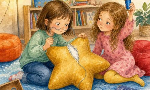 Deux filles de 6 ans recousent un gros coussin étoile doré au coin lecture d’une classe : Lila, à gauche, cheveux châtains courts, pull vert menthe et jean, concentrée, tient le coussin d’une main et guide l’aiguille de l’autre; Inès, à droite, cheveux longs bouclés châtain clair, robe à pois roses et collants jaunes, sourit malicieusement en brandissant la bobine de fil bleu comme un trophée. Le tapis bleu clair fait office de 