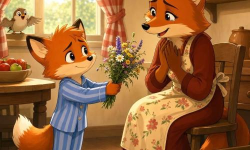 Lino, un petit renard roux de neuf ans au pelage brillant et taches blanches, en pyjama rayé bleu, offre timidement un bouquet de fleurs des champs à Maman Renarde, assise à droite en tablier fleuri, les yeux humides de joie; un moineau sur le rebord de la fenêtre observe, la cuisine chaleureuse (table en bois, rideaux vichy rouge et blanc, soleil doré, coupe de pommes, étagère à tasses) crée une ambiance tendre et lumineuse d'un matin de fête des mères centrée sur l'échange entre mère et fils.