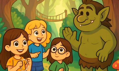 Trois personnages sont présents : Léa, une fille de 8 ans aux longs cheveux bruns, portant une robe jaune à fleurs et tenant un collier scintillant ; Chloé, également âgée de 8 ans, avec des cheveux blonds bouclés, vêtue d'un t-shirt bleu et d'un short en jean, souriante et pointant vers un pont de lianes ; et Nora, 8 ans, avec des cheveux châtains et des lunettes rondes, portant une blouse verte et un pantalon rose, observant un troll amical devant elles. L'action se déroule dans une forêt enchantée, avec de grands arbres, des rayons de soleil filtrant à travers le feuillage, et un pont de lianes suspendu au-dessus d'un précipice, où un troll souriant pose une énigme aux trois amies, créant une atmosphère magique et mystérieuse.