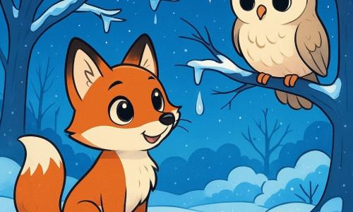 Un petit renard roux, Léo, aux yeux brillants, se tient au centre de la scène, ses pattes dans une neige étincelante. Il admire une goutte de glace suspendue à une branche. À proximité, une chouette, Mimi, perchée sur une branche, observe Léo avec un sourire amical. Le jardin est recouvert de neige scintillante, avec des arbres aux branches ornées de cristaux de glace, sous un ciel bleu parsemé d'étoiles. La scène capture le moment où Léo découvre la beauté de l'hiver et les merveilles de la nature.