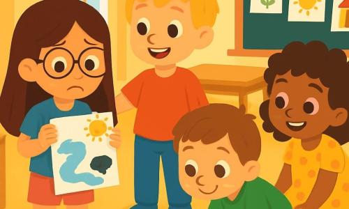 Il y a 4 enfants : Lila, 6 ans, avec de longs cheveux bruns et des lunettes rondes, porte un t-shirt bleu et un short rose. Elle est debout, inquiète, tenant un dessin taché. Tom, 6 ans, avec des cheveux blonds en bataille et un sourire éclatant, est à côté d'elle en t-shirt rouge et pantalon bleu, la regardant avec bienveillance. Noé, 6 ans, avec des cheveux châtains et des taches de rousseur, est accroupi en train de dessiner un arbre sur une feuille, portant une chemise verte et un short beige. Zoé, 6 ans, avec des cheveux bouclés et une robe jaune à pois, dessine des fleurs autour de Lila avec un grand sourire. La scène se déroule dans une salle de classe lumineuse avec des murs jaunes et des fenêtres ensoleillées, remplie de tables en bois et de crayons colorés. Les dessins des enfants sont accrochés au mur, créant une ambiance joyeuse. Lila, triste avec son dessin taché, est entourée de ses amis, qui dessinent ensemble un nouveau soleil, transformant la tache en une belle rivière, symbolisant l’amitié.