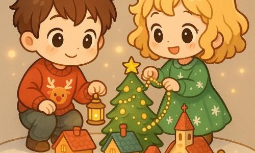Deux enfants de quatre ans, Léo et Mia, sont les personnages principaux. Léo, aux cheveux bruns, porte un pull rouge avec des motifs de rennes et tient une lanterne dorée. Mia, aux cheveux blonds bouclés, porte une robe verte avec des flocons de neige et place une guirlande dorée sur un sapin miniature. Ils sont autour d'un village miniature sur une table recouverte d'un tissu blanc semblable à de la neige. Le village est composé de petites maisons colorées, d'une église et d'un sapin décoré. Des lanternes diffusent une lumière douce, créant une ambiance chaleureuse et magique. Les enfants, émerveillés, sourient en illuminant le village avec leurs lanternes et guirlandes, tandis qu'une étoile de papier brille au sommet du sapin.