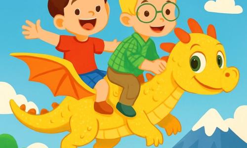 Il y a 3 personnages : Léo, un garçon de 7 ans avec des cheveux bruns en bataille et un t-shirt rouge, souriant les bras ouverts sur le dos du dragon. Max, un garçon de 6 ans avec des cheveux blonds et des lunettes rondes, assis sur Drago, le dragon, émerveillé. Drago est un petit dragon scintillant aux écailles dorées et aux grandes ailes colorées, volant au-dessus d'un paysage magique. Le ciel est bleu avec des nuages blancs, et en dessous s'étendent des montagnes enneigées, une rivière scintillante et des prairies verdoyantes. L'histoire montre Léo et Max, joyeux, volant sur Drago, prêts pour une nouvelle aventure.