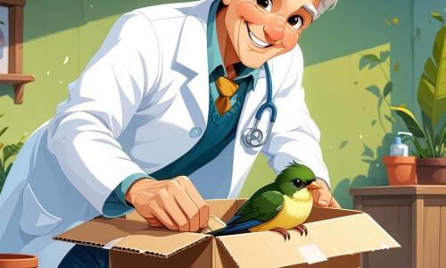 Monsieur Lucas, un vétérinaire jovial d'une cinquantaine d'années, se tient au centre de la scène dans sa blouse blanche. Son visage lumineux est marqué par un large sourire et des yeux bienveillants. Il examine avec douceur un oiseau blessé dans une petite boîte en carton, montrant son dévouement pour les animaux. À ses côtés, Sophie, une petite fille de 8 ans aux cheveux bouclés, l'observe avec impatience, tandis que Timothée, un garçon de 9 ans avec des lunettes et une casquette, tient un stéthoscope, prêt à aider. La scène se déroule dans un cabinet vétérinaire chaleureux, décoré de dessins d'enfants, avec une grande fenêtre laissant entrer la lumière sur un jardin où jouent d'autres animaux. L'histoire met en avant Monsieur Lucas soignant le petit oiseau, entouré des enfants admiratifs, dans une ambiance de curiosité et de compassion, soulignant l'importance de prendre soin des animaux.