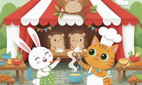 Félix, chat roux tigré aux grands yeux verts et toque de chef blanche de travers, présente une soupe fumante dans un bol bleu en tenant une grande louche ; à gauche, Léon le lapin aux longues oreilles blanches et tablier à pois verts goûte la soupe à la petite cuillère ; au-dessus, Zoé la chouette ronde aux plumes marron clair et lunettes applaudit depuis une branche décorative ; trois petits hérissons juges piquants, assis derrière une table en bois, prennent des notes, l’un clignant de l’œil ; le concours de cuisine se déroule sous une tente rayée rouge et blanche décorée de guirlandes, avec tables en bois, bols et légumes, sol pavé et herbe alentour, ambiance joyeuse, couleurs vives, formes simples et style papier superposé aux bords légèrement déchirés.