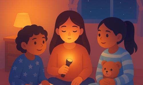 Trois personnages sont présents : Lila, une fille de 10 ans avec de longs cheveux bruns et des yeux curieux, est assise sur un tapis moelleux dans sa chambre, tenant une petite lampe de poche qui éclaire son visage. Sami, une fille de 10 ans avec des cheveux courts et bouclés, porte un pyjama à motifs d'étoiles et tient un petit carnet ouvert sur ses genoux, assise à gauche de Lila. Noor, une fille de 10 ans avec des cheveux noirs attachés en queue de cheval, porte un pyjama rayé et tient une peluche, assise à droite de Lila. La chambre d'enfant est chaleureuse, avec des murs aux couleurs pastel, une fenêtre aux rideaux légers laissant entrevoir la nuit étoilée, et un tapis coloré sur le sol. La lumière douce de la lampe de chevet crée une ambiance rassurante. Les trois filles sont assises en cercle sur le tapis, concentrées sur un exercice de respiration. Lila a une expression de calme et de détermination, tandis que Sami et Noor l'encouragent avec des sourires bienveillants. La scène dégage une atmosphère de complicité et de courage face à la peur de la nuit.