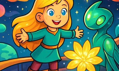 Une jeune femme nommée Lyra, aux longs cheveux d'or et aux yeux bleus profonds, se tient sur le pont de son vaisseau spatial, Orion, avec un sourire déterminé et les bras ouverts. Orion, un vaisseau vivant aux métaux brillants et racines de cristal, émet une douce lueur verte en soutien à Lyra. En arrière-plan, un ciel étoilé avec des planètes colorées et des nébuleuses crée une atmosphère magique. Lyra plante une graine étincelante dans le sol cosmique, faisant éclore une immense fleur lumineuse qui symbolise l'union et la paix entre les peuples des planètes.
