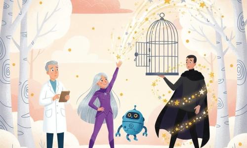 Stella, héroïne souriante aux longs cheveux argentés, en costume violet scintillant, lève les bras et envoie un rayon d'étoiles qui ouvre la cage, libérant Bippy, petit robot rond bleu aux yeux lumineux, tandis que le Dr Pépito, quinquagénaire en blouse blanche, l'observe soulagé et qu'Ombre Noir, grand homme en cape sombre, recule surpris; la scène se déroule dans la Forêt des Nuages — arbres à feuilles de coton, sol moelleux, lucioles dorées et ciel crème — éclairage chaud et contrasté, composition centrée, couleurs vives, style doux et enfantin.