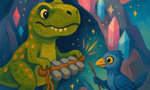 Tarl, un Tyrannosaure Rex vert olive tacheté d'ocre, émerveillé, joue d'un instrument artisanal en pierres tintantes et racines, tandis que Nérax, un Troodon plus petit aux plumes bleu-gris et yeux dorés, marque le rythme avec une branche ; ils se tiennent devant l'entrée d'une grotte cristalline incrustée de cristaux roses et bleus scintillants et de stalactites lumineuses, la poussière dorée flottant dans l'air, les cristaux vibrant et émettant des éclats lumineux et des ondes colorées en réponse aux notes, créant une ambiance magique et chaleureuse aux forts contrastes et textures d'acrylique visibles.