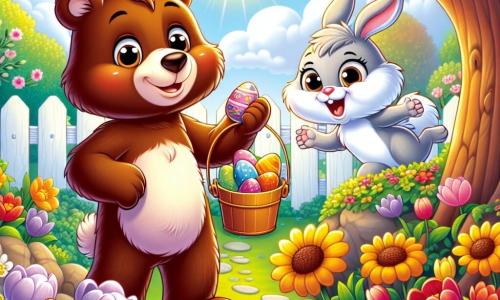 Dans un jardin ensoleillé, un ours brun nommé Barnabé sourit en tenant un œuf de Pâques coloré. À ses côtés, un petit lapin blanc nommé Léo, aux grandes oreilles, saute de joie en montrant un seau rempli de carottes. Un peu plus loin, une écureuil rousse nommée Chloé grimpe à un arbre avec une noix, observant ses amis. Le jardin est rempli de fleurs éclatantes et d'une fontaine scintillante, créant une ambiance joyeuse. Barnabé, Léo et Chloé célèbrent la découverte d'œufs de Pâques cachés dans une atmosphère festive.