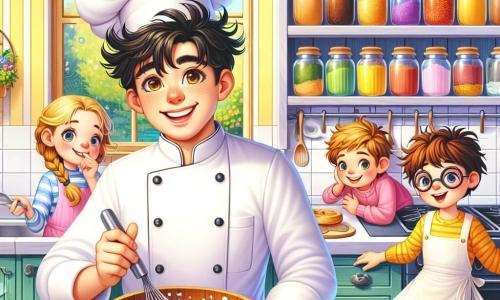 Chef Lucien, un cuisinier, se tient dans sa cuisine lumineuse avec une toque légèrement de travers, souriant joyeusement en battant des œufs. À ses côtés, Léa, 8 ans, aux cheveux blonds tressés, l'observe avec une cuillère en argent. Tom, 9 ans, aux lunettes rondes, cherche des épices sur une étagère, tandis que Rémi, 7 ans, feuillette des livres de recettes assis par terre. La cuisine est spacieuse, avec des murs jaune pastel, des bocaux colorés et une grande fenêtre. Ils se préparent à partir à l'aventure pour dénicher des ingrédients rares pour un plat spécial pour la fête du village.